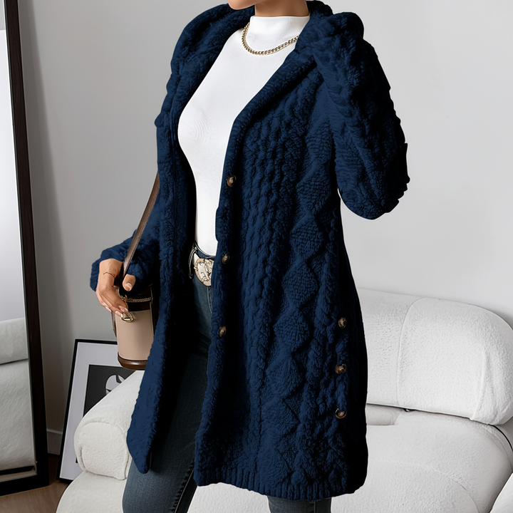 Women's long knit cardigan, Maja style with faux fur hood and button details