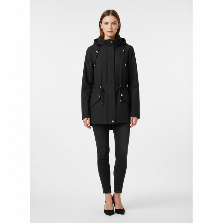 Women's Maja spring jacket, hooded and waterproof, with an adjustable waist for comfort