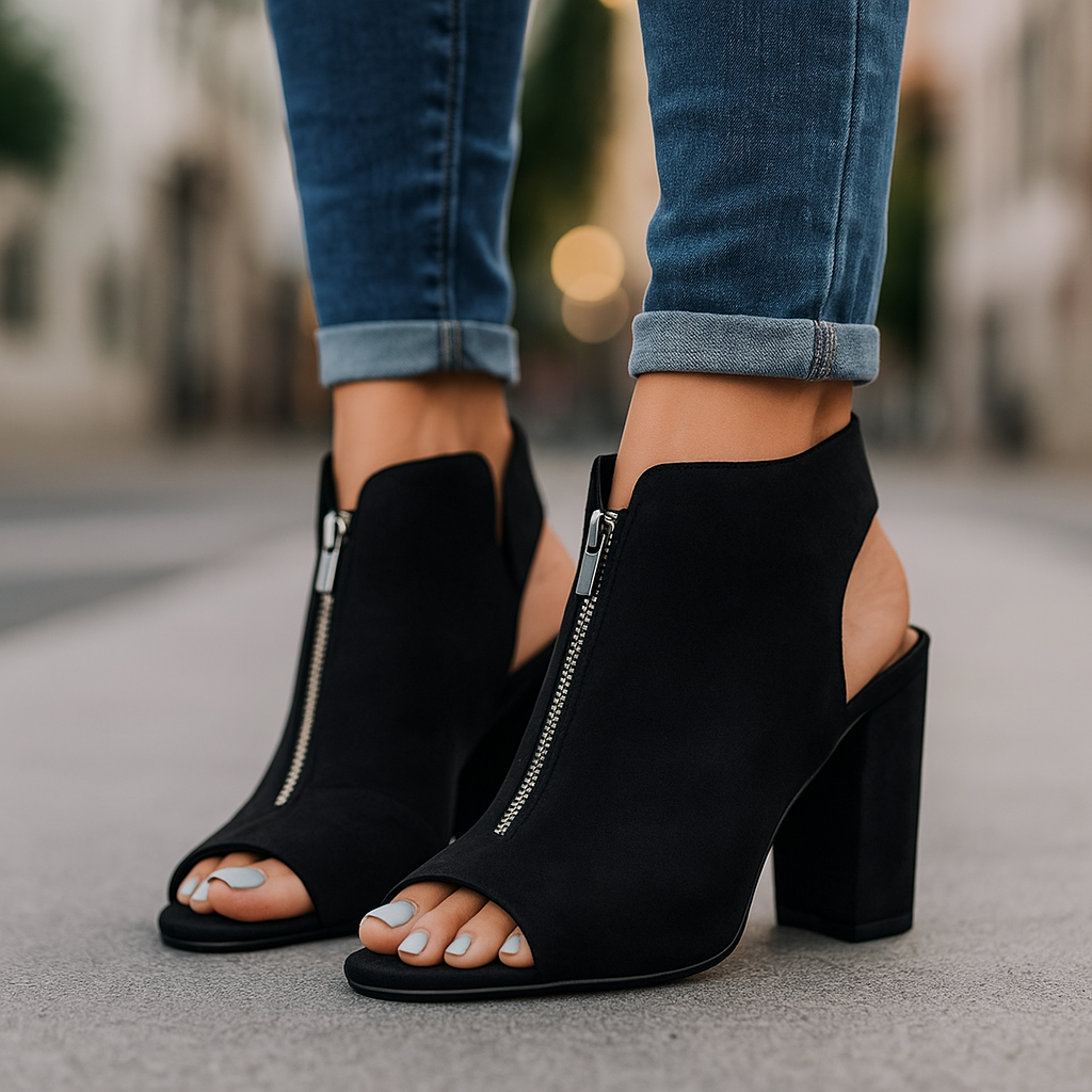 Chic gray Marcelline women's zip block heels. Modern open-toe dress shoes, elegant & comfortable for any occasion.