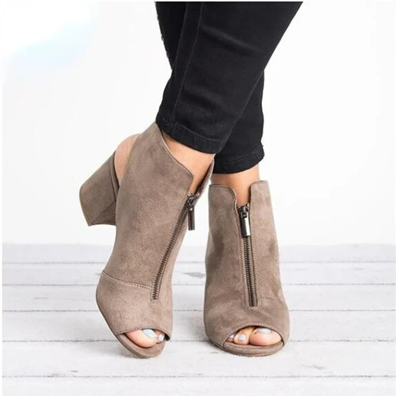 Stylish gray Marcelline zip block heels. Women's comfortable open-toe dress shoes, perfect for modern elegant outfits.