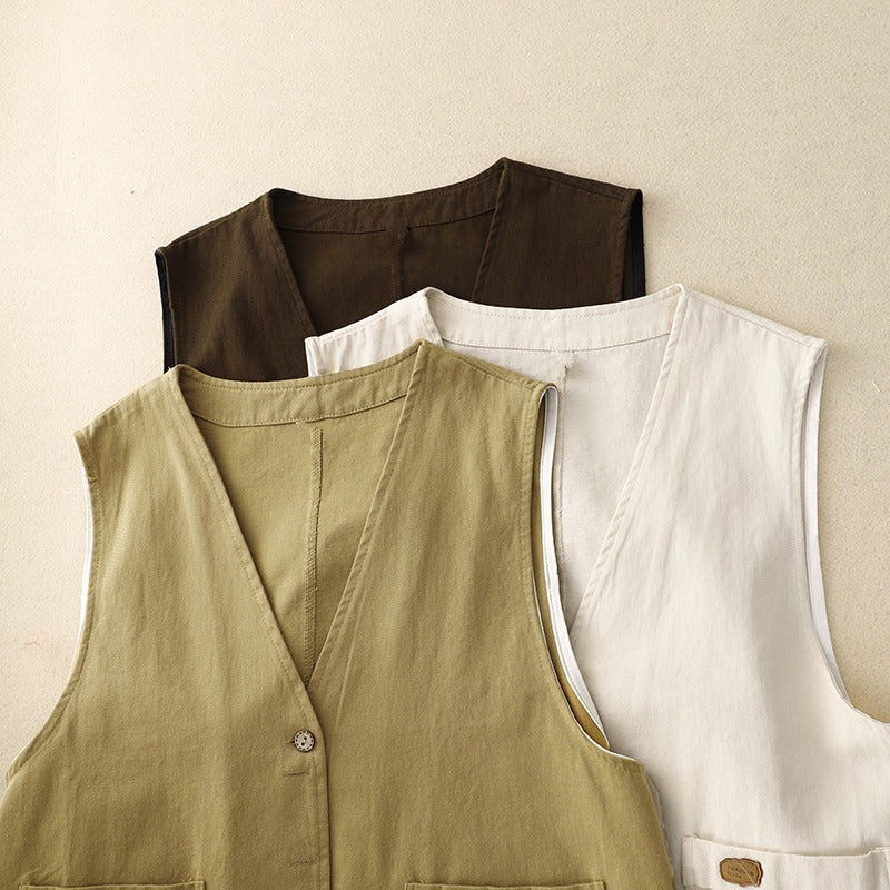 Women's Margo sleeveless cotton-linen vest. Button front, chic and versatile for comfortable, casual layering.
