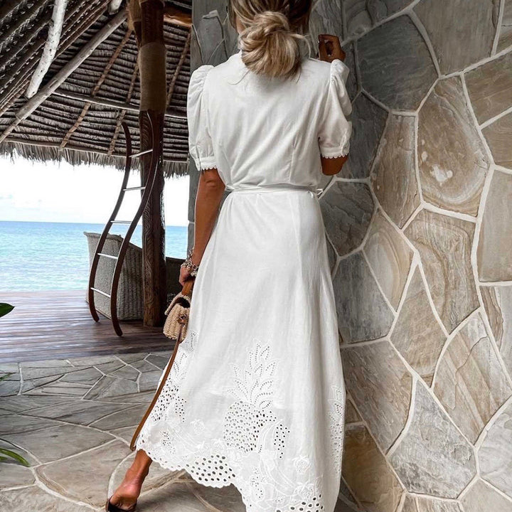 Embroidered blue Marielle maxi dress. Stylish, lightweight women's summer dress for casual comfort.