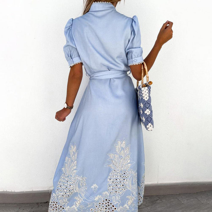 White Marielle embroidered maxi dress for women. Lightweight, flowy, and comfortable summer casual wear.