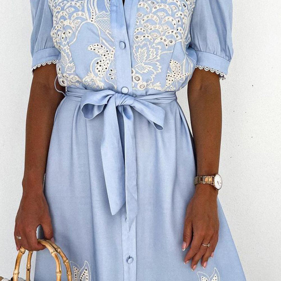 Blue Marielle embroidered maxi dress. Comfortable, lightweight women's summer dress, perfect for vacation.
