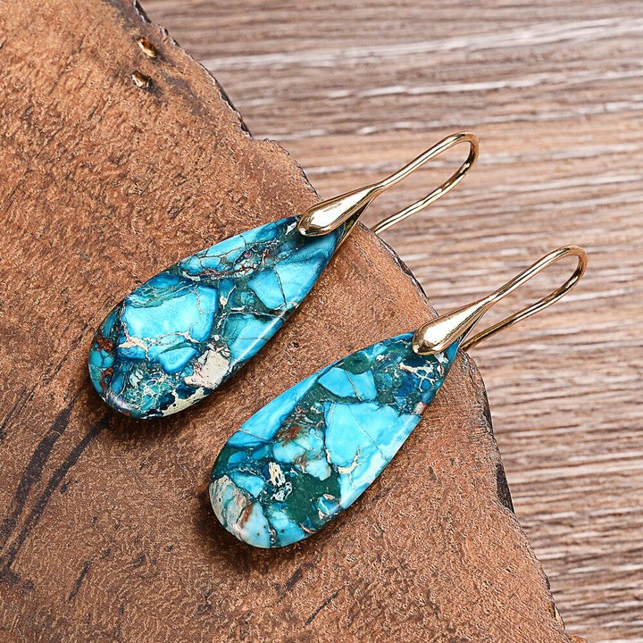 Handmade protective Marisol Ocean Energy drop earrings. Silver/gold regaliet stone, a calming spiritual gemstone for women.