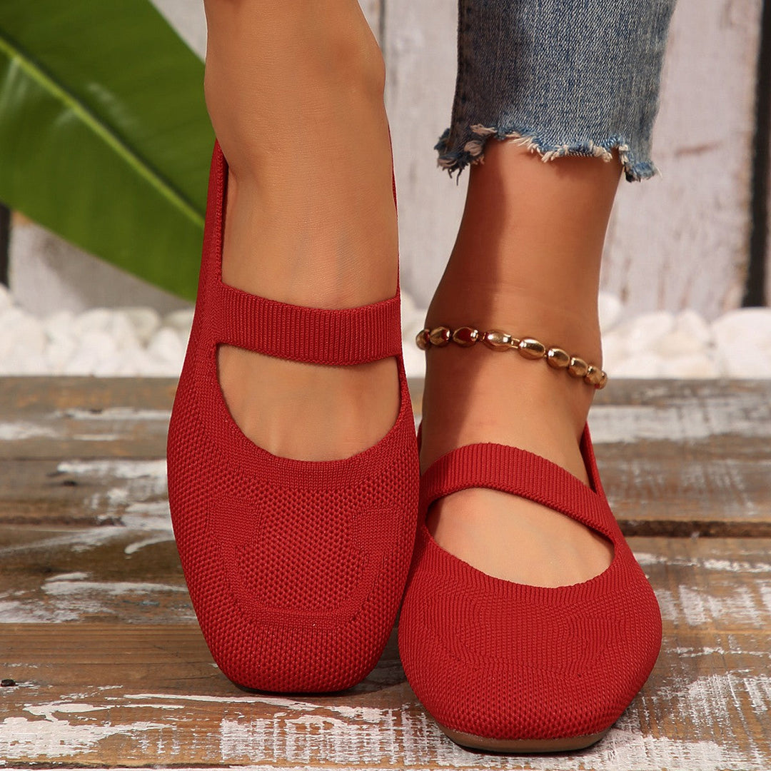 Red women's cute smiling face Mary Jane ballet flats, comfortable everyday slip-on shoes for summer.