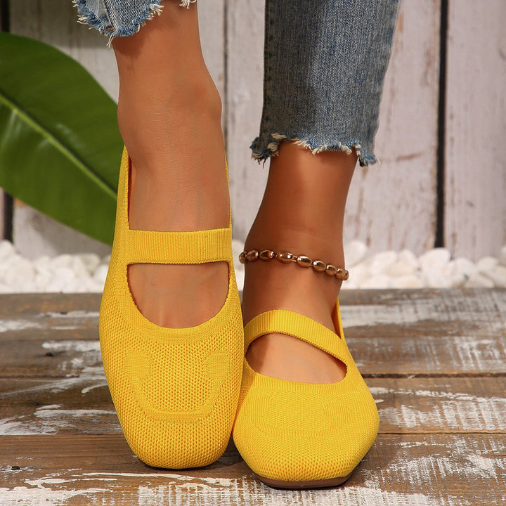 Cute women's Mary Jane ballet flats, smiling face design, comfortable casual shoes perfect for everyday wear.