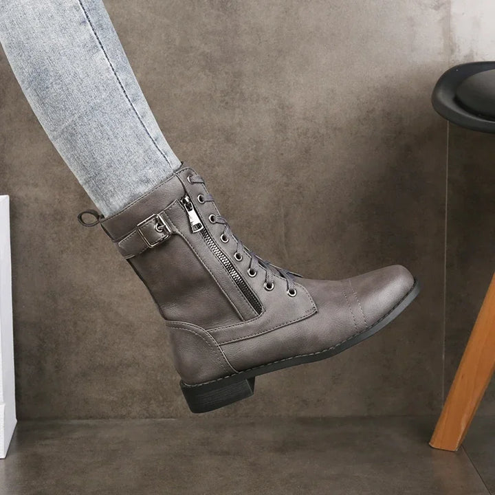Trendy women's Mason mid-calf boots feature lace-up design, side zipper & edgy buckles for autumn.