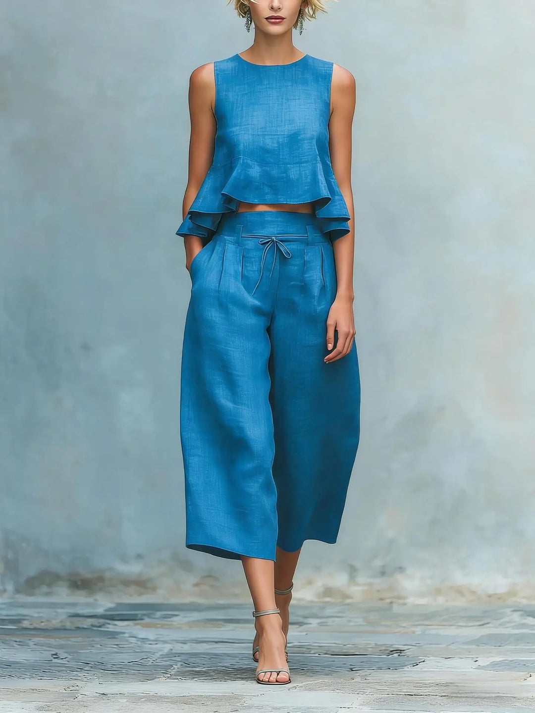 Effortless women's crop top & wide leg pant set, ideal travel wear or chic casual summer outfit.