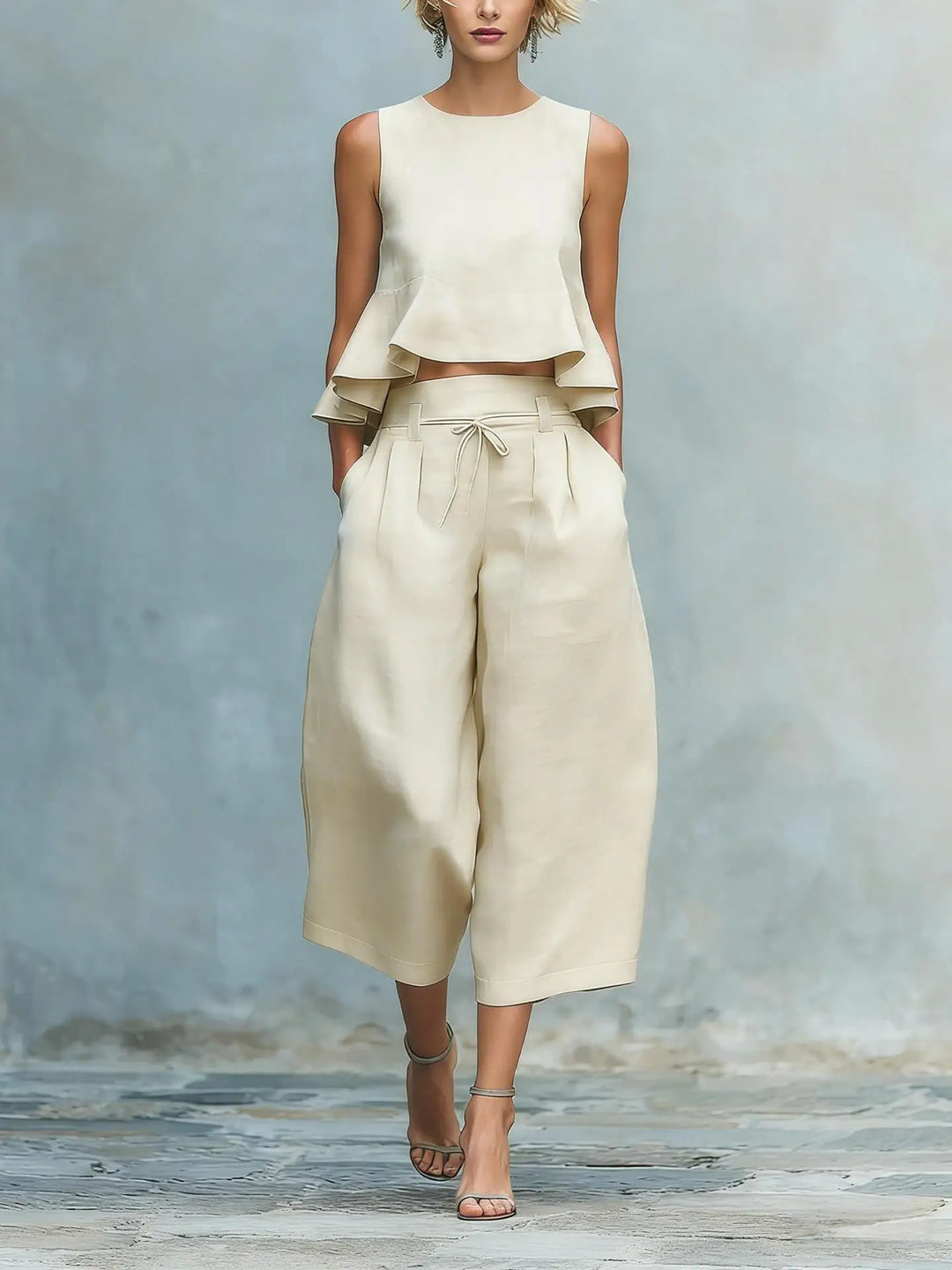 Elegant women's matching crop top & wide leg pant set. Stylish two-piece for a cohesive look.
