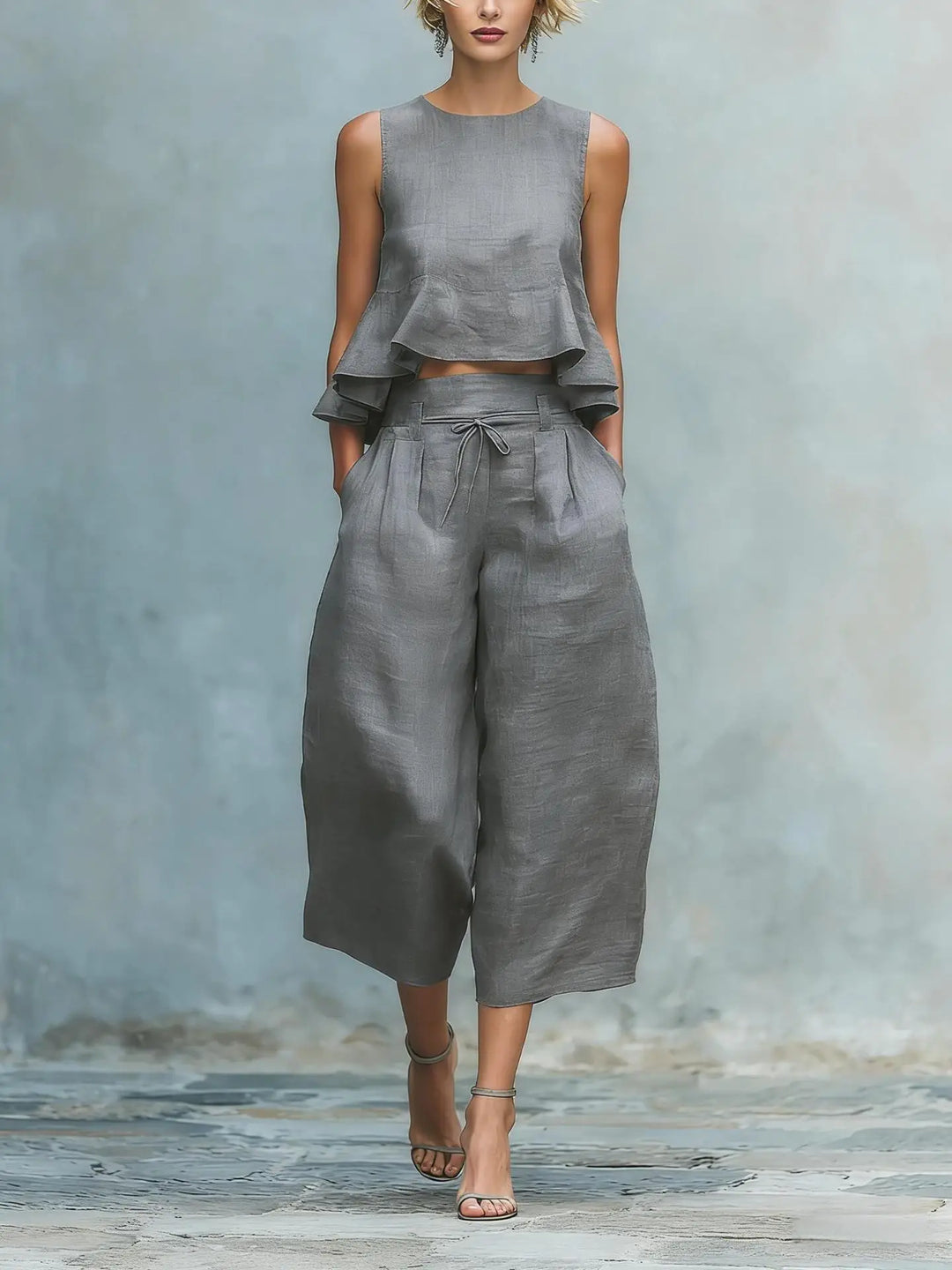 Women's chic crop top & wide leg pants set. Relaxed summer outfit, perfect for casual elegance.