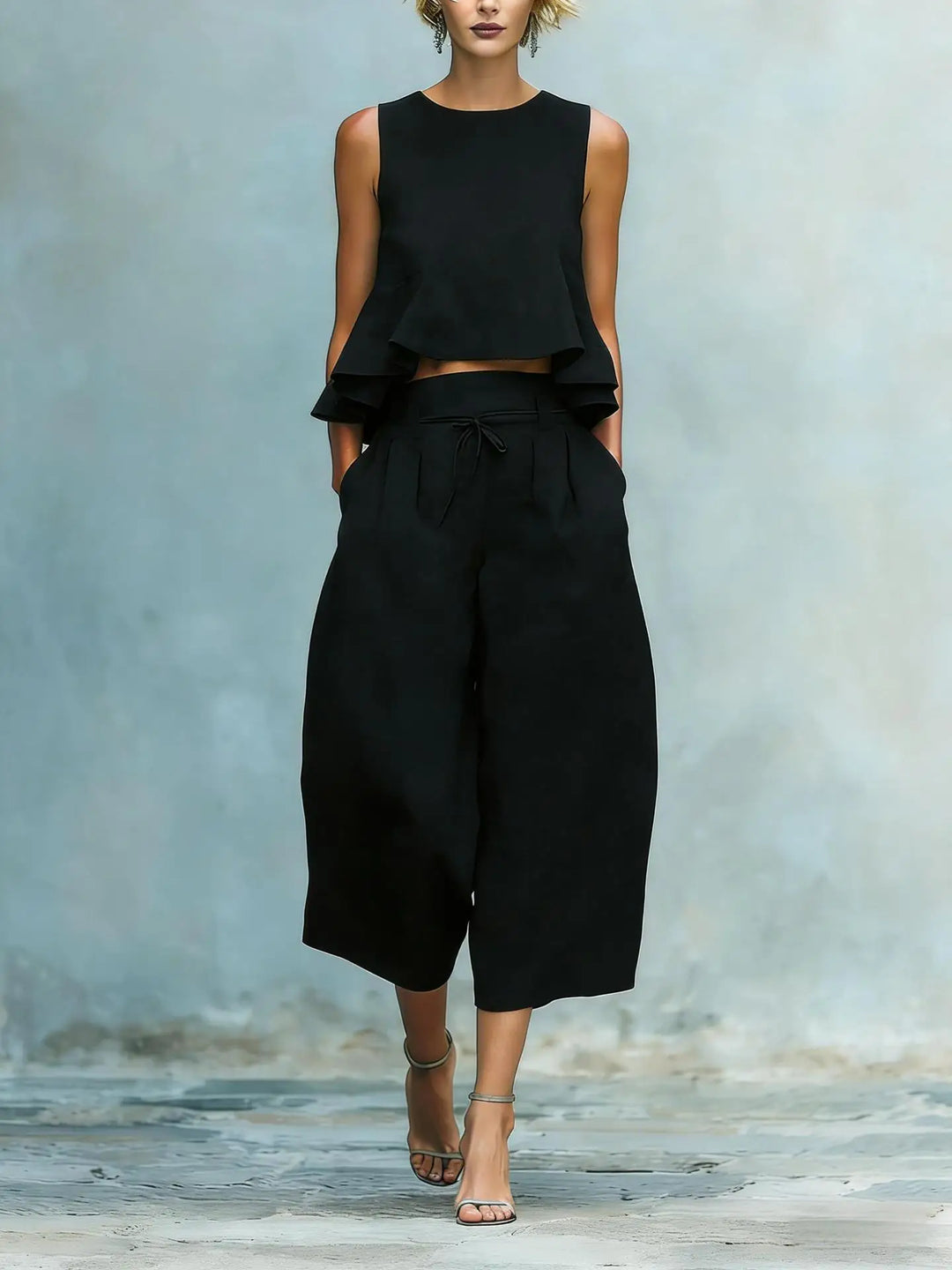 Women's two-piece crop top & wide leg pant set. Trendy, comfortable for everyday wear or summer outings.