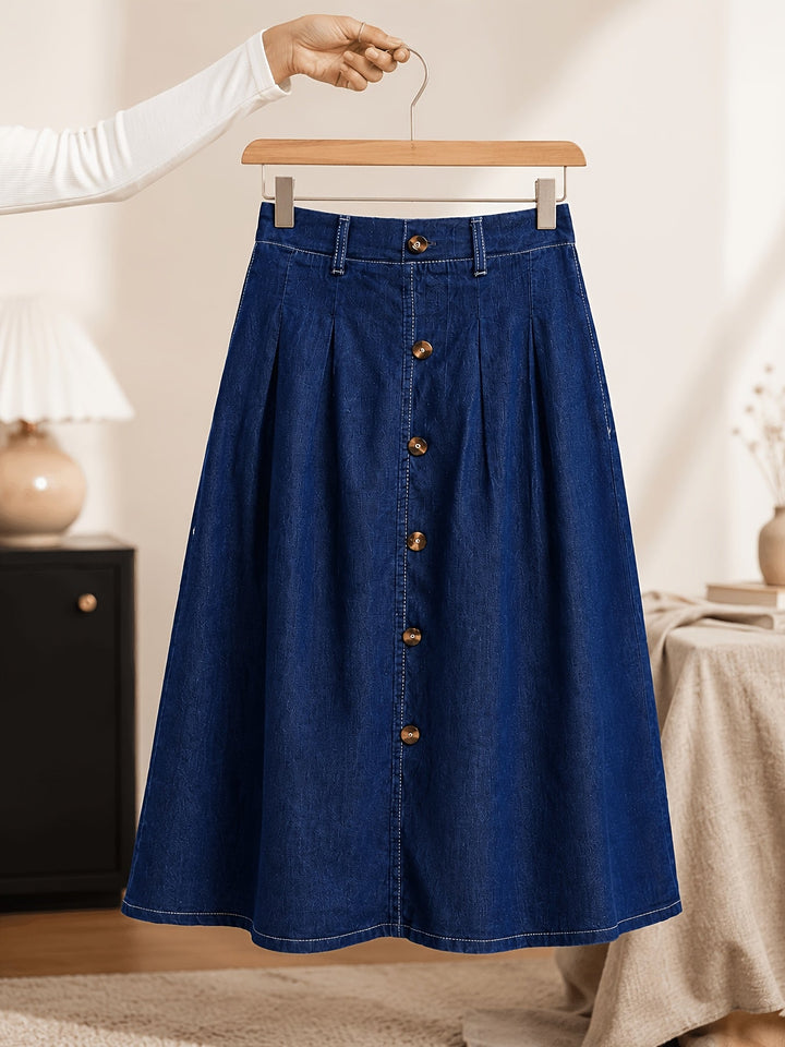 Medium blue A-line midi skirt with full button front & delicate pleats. Perfect spring/summer casual wear.