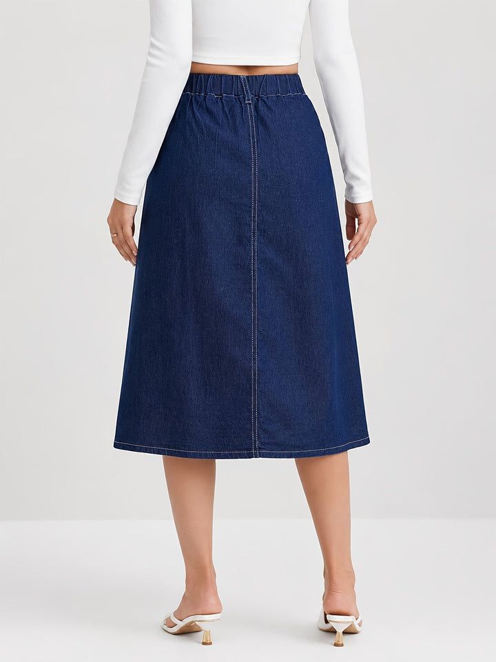 Chic medium blue pleated A-line midi skirt, button-front design. Ideal for versatile casual and everyday fashion.