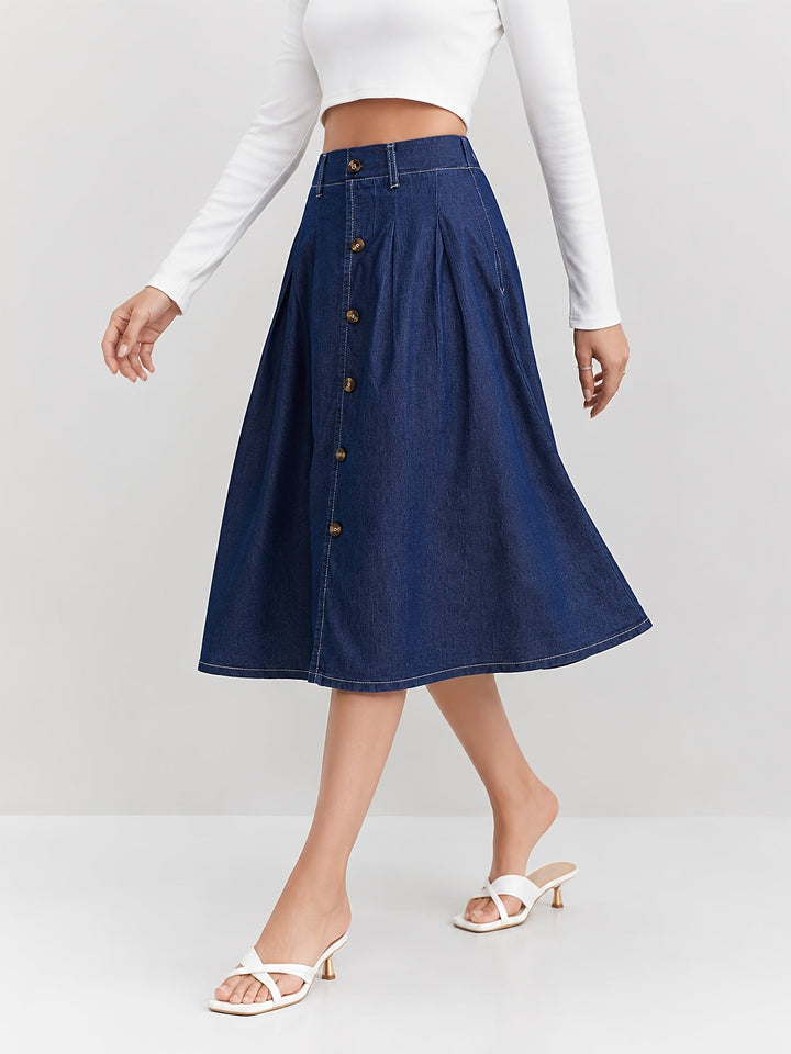 Stylish women's medium blue button-front A-line midi skirt. Pleated for flattering everyday chic fashion.