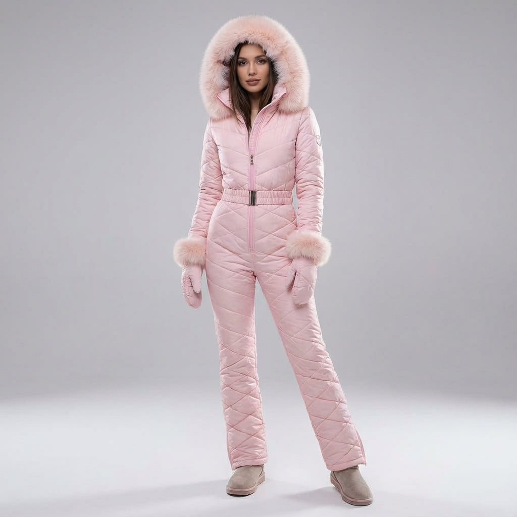 Fashionable women's 'Megan' waterproof ski suit, full-body insulated snow apparel for active wear.