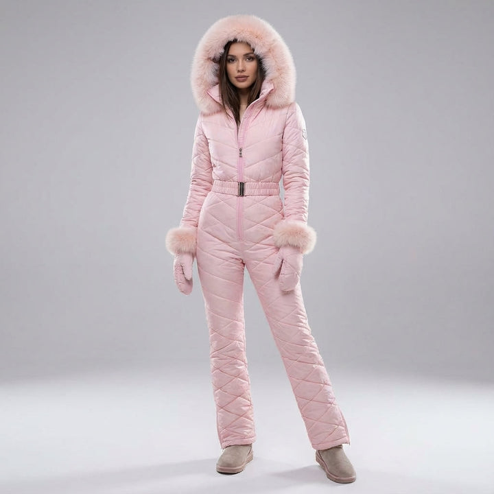 Fashionable women's 'Megan' waterproof ski suit, full-body insulated snow apparel for active wear.