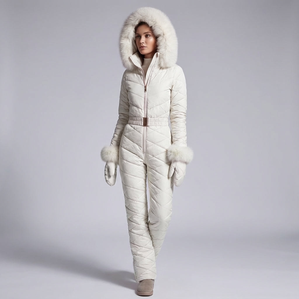 Elegant 'Megan' women's ski suit, a waterproof and insulated one-piece designed for dynamic snow sports.