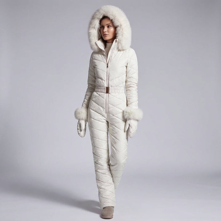 Elegant 'Megan' women's ski suit, a waterproof and insulated one-piece designed for dynamic snow sports.