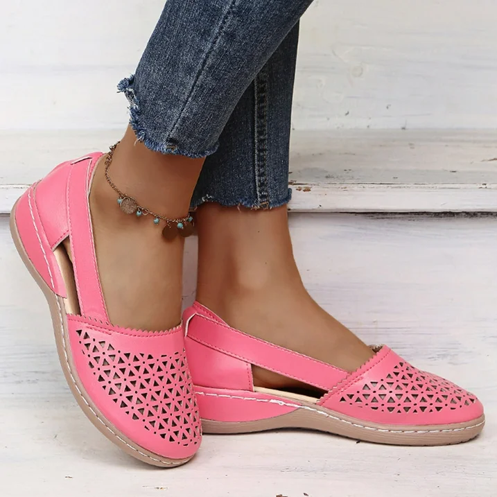 Close-up of the sole on comfortable women's walking shoes for summer.