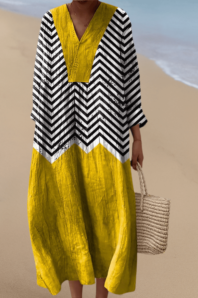 Women's Melody zigzag summer dress with stylish black, white & yellow stripes, a flattering v-neck, perfect for day wear.