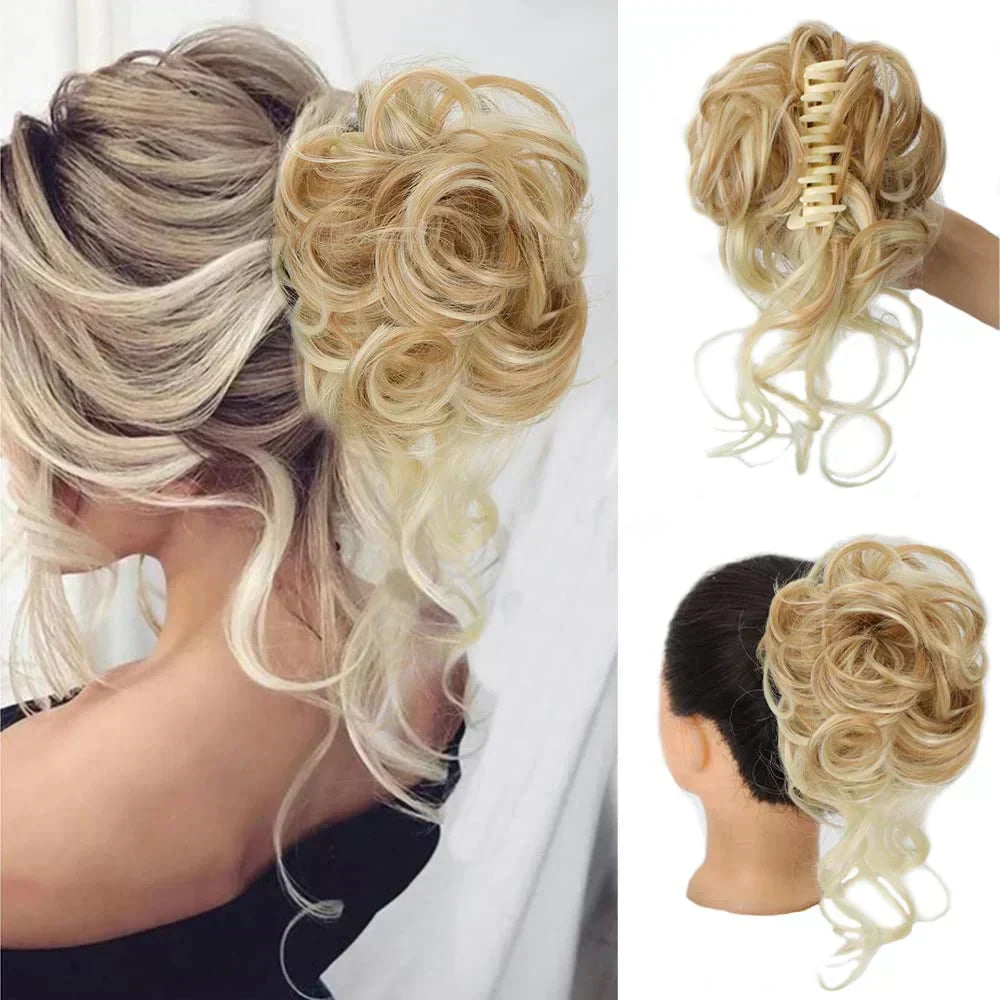 Instant women's messy curly bun hair clip. Perfect for quick voluminous hair updos.