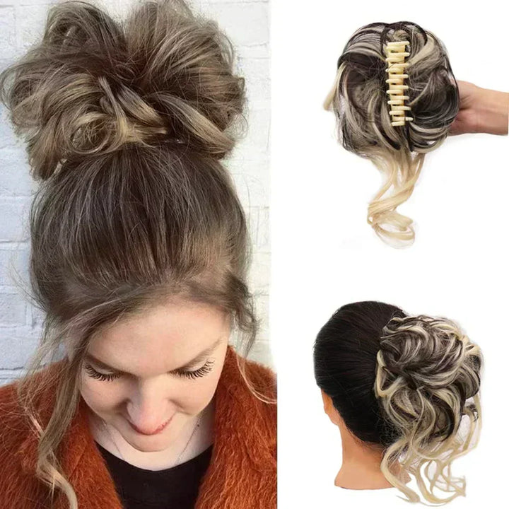 Curly hair clip messy bun. Women's hairpiece for an instant, voluminous, natural updo.