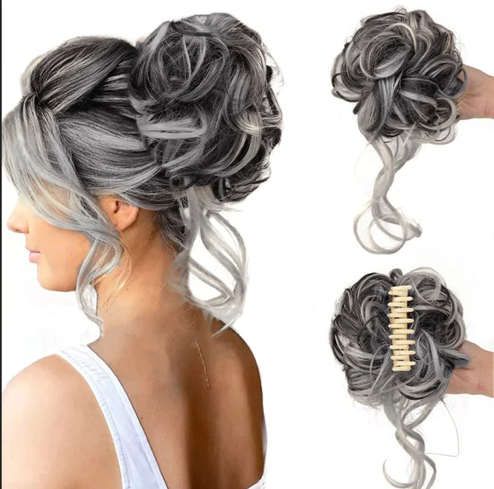 Women's instant messy curly bun hair clip. Voluminous fake hair bun for a quick updo.