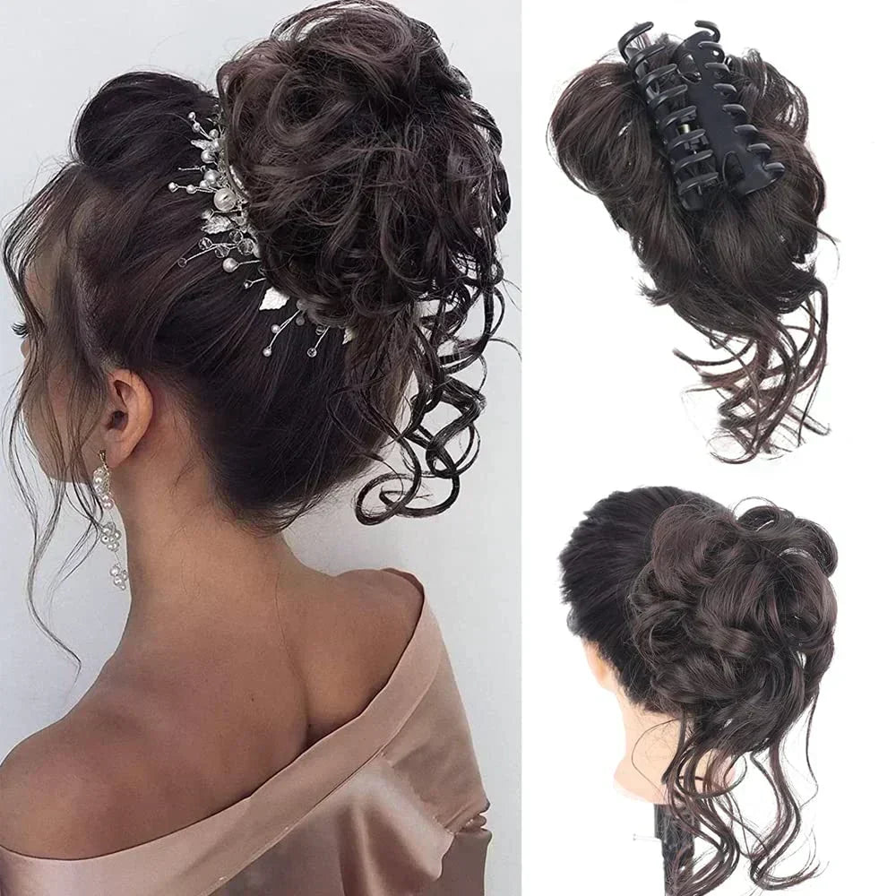 Quick hairstyle curly bun hair clip. Women's hair accessory, messy updo, adds instant volume.