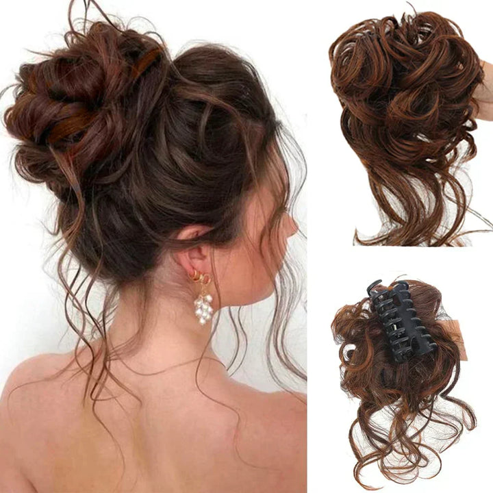 Voluminous messy curly bun clip. Women's hair extension for an easy & instant updo.