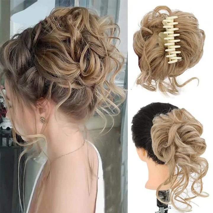 Natural messy curly bun hair clip. Women's quick updo hairpiece, adds volume for elegance.