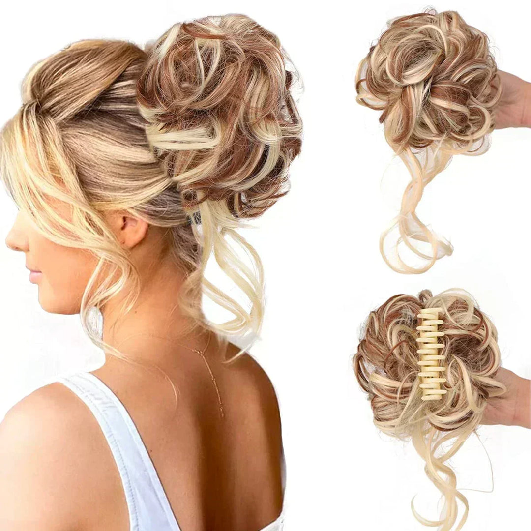 Quick hairstyle: Women's curly bun hairpiece. Fake hair bun clip adds volume & style.