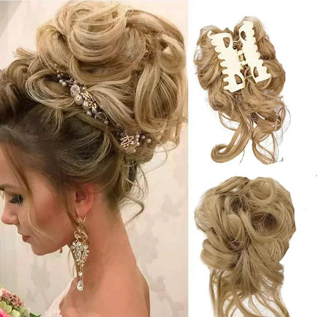 Instant updo curly bun hair extension clip. Messy bun hair accessory for women.