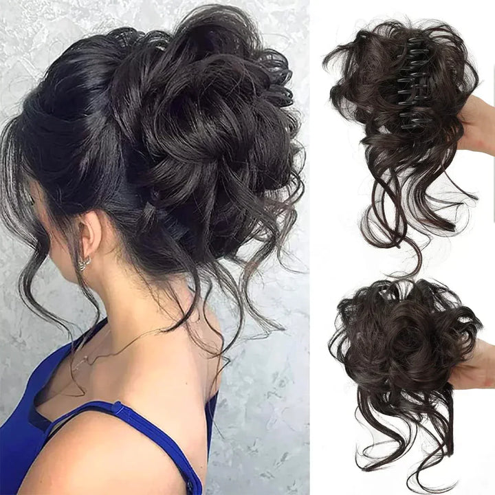 Voluminous messy curly bun clip-in hairpiece. Women's easy hair accessory for quick styling.