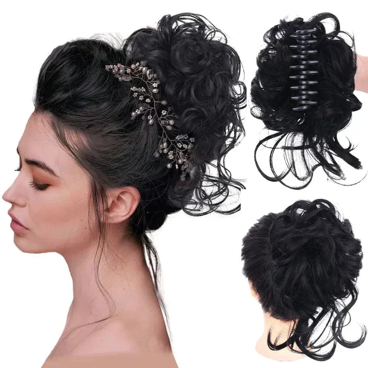 Effortless curly messy bun hair clip. Quick women's updo hair accessory, adds volume.