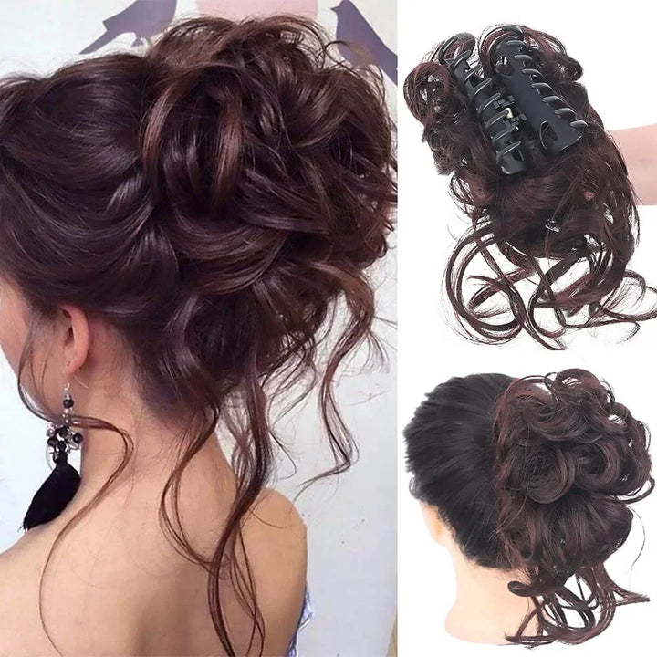 Fake curly bun hair clip for women. Messy updo hairpiece, instant voluminous look.