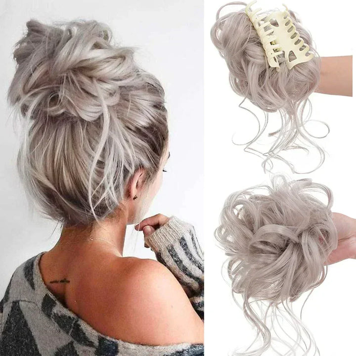 Women's hair accessory: Curly messy bun clip. Quick updo, adds volume, natural appearance.