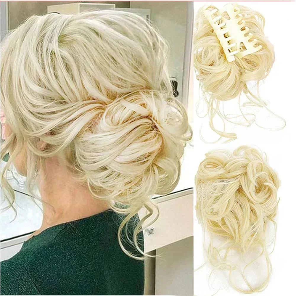 Clip-in curly bun hair extension. Messy updo hairpiece for women, instant elegant style.