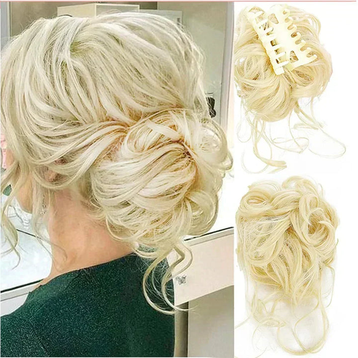 Clip-in curly bun hair extension. Messy updo hairpiece for women, instant elegant style.
