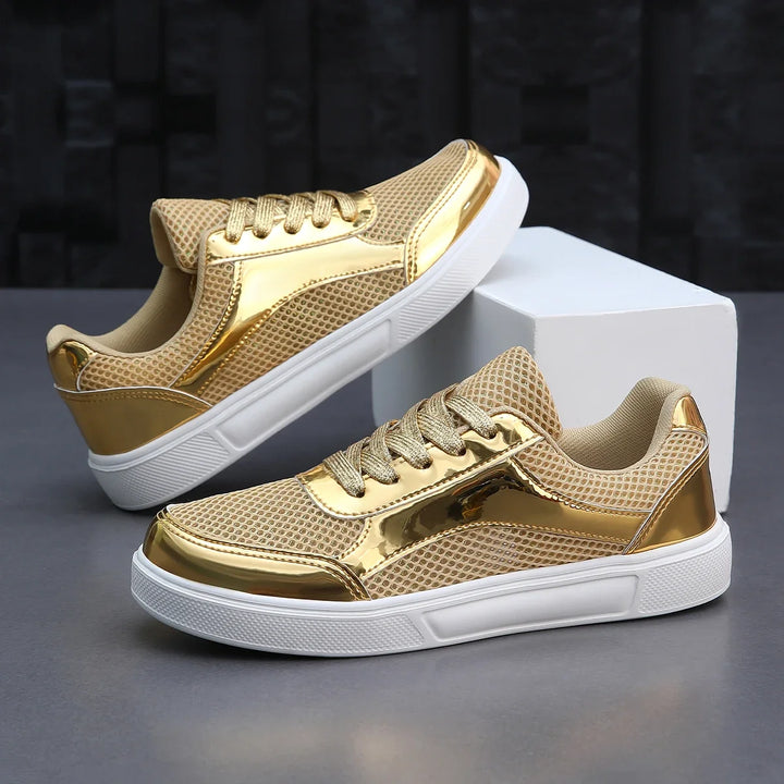 Women's metallic mesh sneakers, breathable & chic. Stylish lace-up fashion footwear for casual comfort.