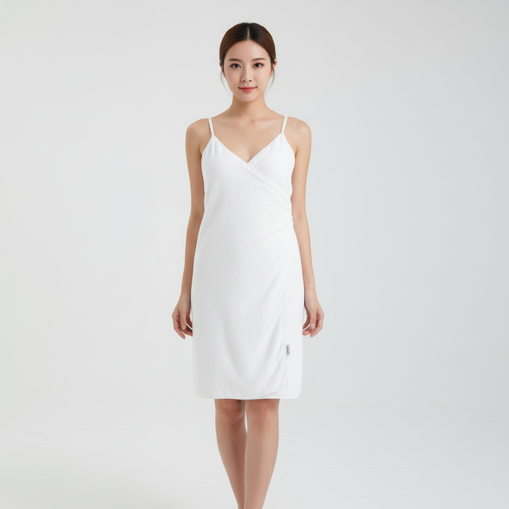 Stylish women's microfiber absorbent wrap towel dress, perfect for comfort and quick drying