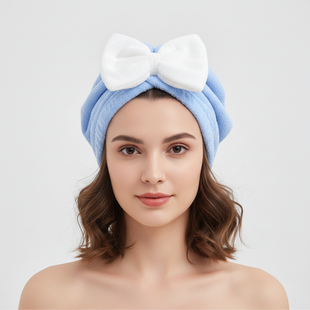 Gentle microfiber hair towel for women, HairHug, with secure loop for efficient drying