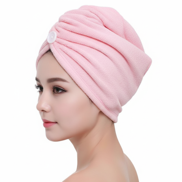 Soft microfiber hair towel turban for quick, frizz-free hair drying after shower.