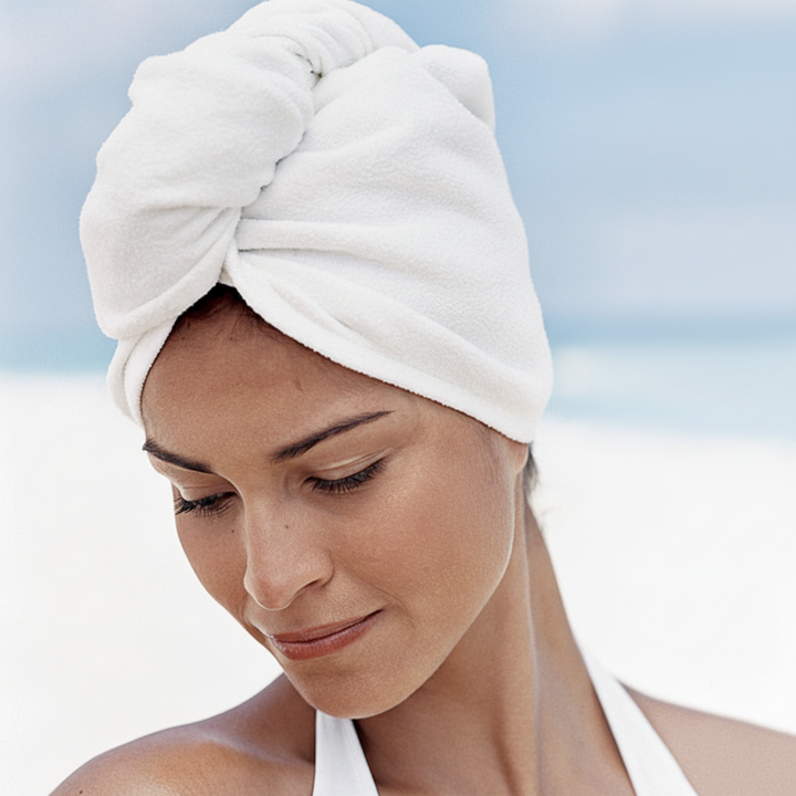 Women's absorbent microfiber hair towel, turban style for efficient quick drying & hair health.