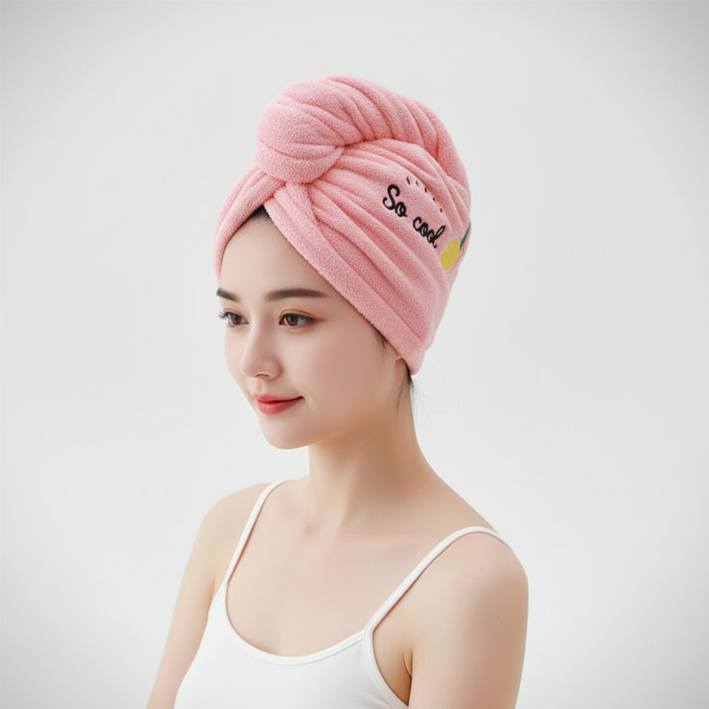 Detail of the button and loop closure on a pink microfiber hair towel wrap for secure fit