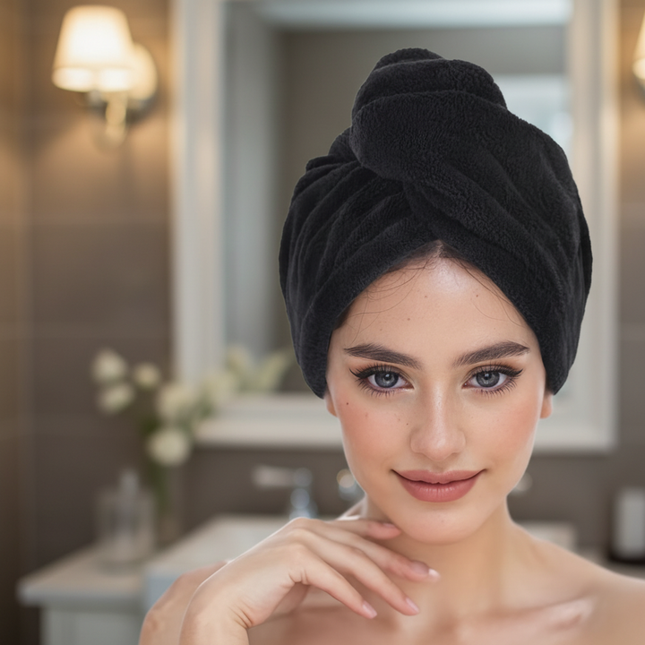 Women's microfiber hair turban towel, soft and absorbent for quick drying.