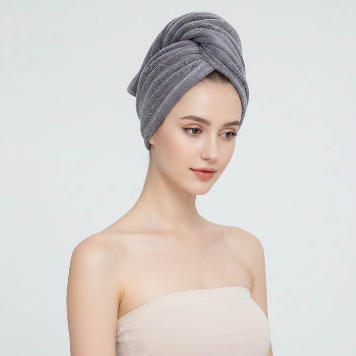 Close-up of soft microfiber hair drying turban, promoting quick and gentle drying.