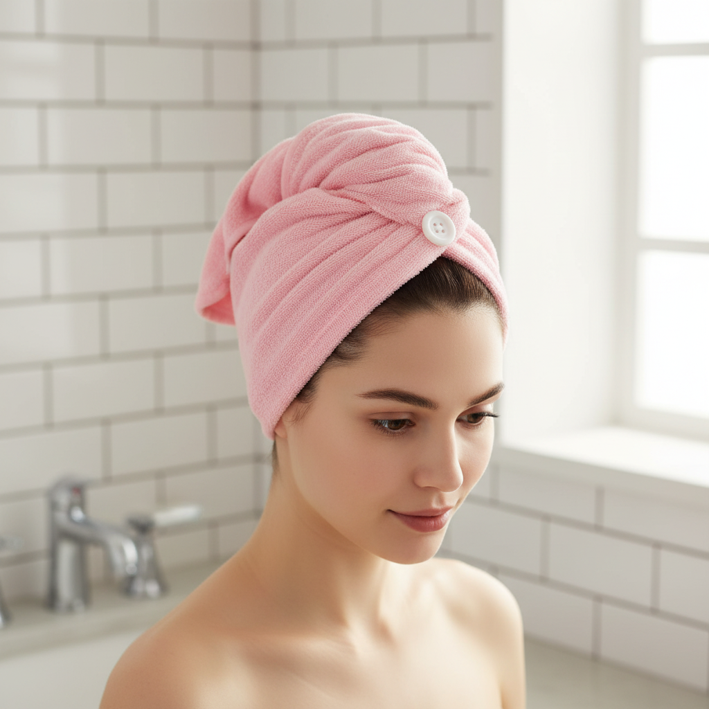 Women's microfiber quick dry hair towel wrap in pink, super absorbent for wet hair