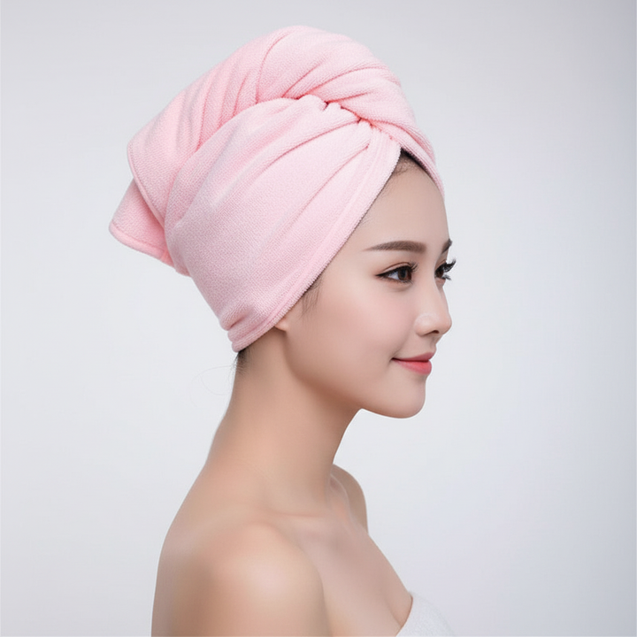 Close-up of a Women's HairMagic microfiber hair towel, showing soft, quick-drying fabric texture