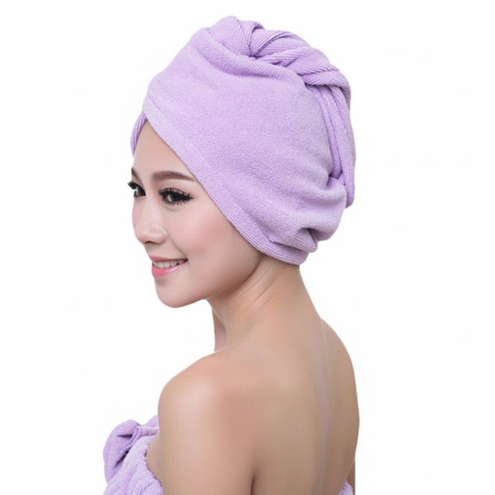 Assorted Women's microfiber hair wraps in various colors, designed for absorbent hair drying